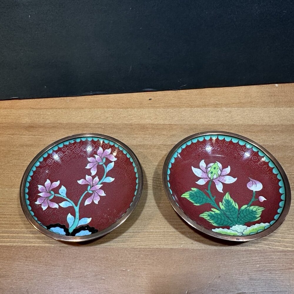Vtg Cloisonne Enamel Mini Trinket Plates Set 3.75" Floral Lotus Flowers Brass